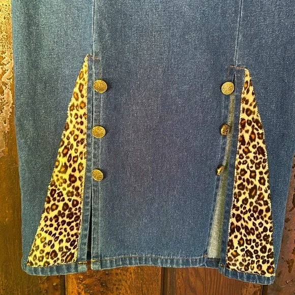 VTG 80s Denim & Leopard Print Maxi Skirt Double Slits Rockabilly Punk Sz Small - Picture 2 of 8